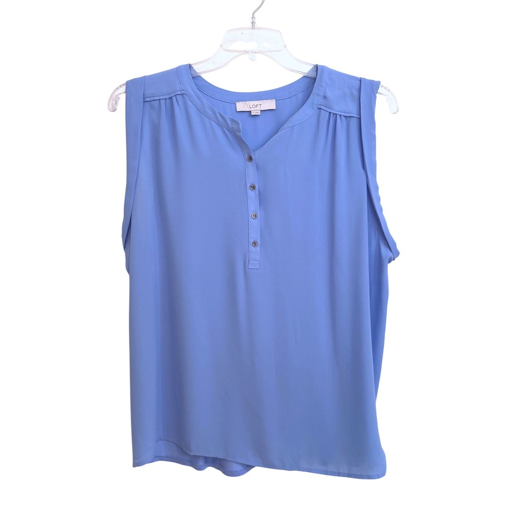 Loft Womens XL Blue Mixed Media Sleeveless Henley Blouse Top Pleated Shoulder